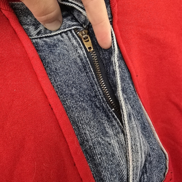 Vtg Handmade Upcycled Red Sweatshirt DENIM Hip Hop Jean Pockets XL - Picture 4 of 16